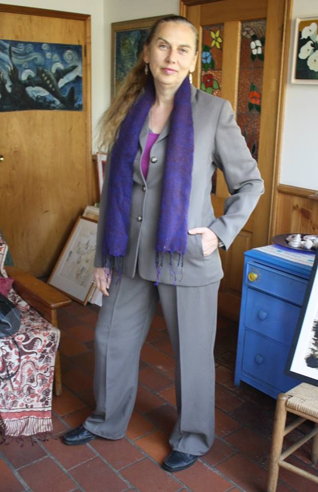 Katerina Rubbo modelling her FJ suit happily just purchased from an opportunity shop.  Photo: Mike Rubbo