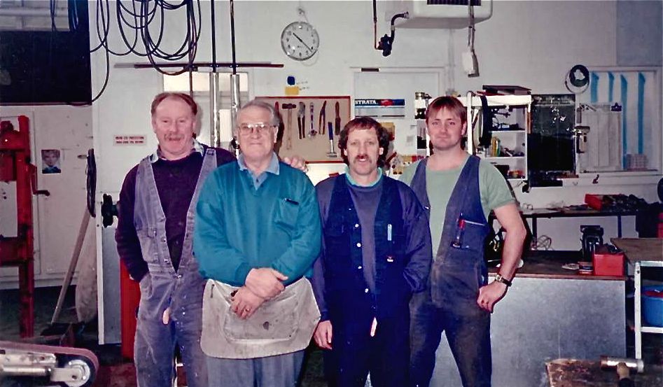 John Moloney, Glen Barker, Brian Fitzgibbon, Andrew Stephenson in the Maintenance section of FJs - 1994.  Shared by Sharon McGowan  
