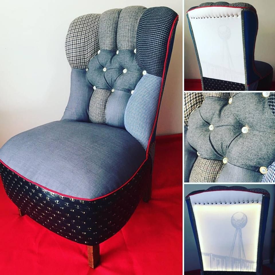 Upholstered chair - Fletcher Jones fabric.  When the chair is plugged into power a Silver Ball image shines in the back!  