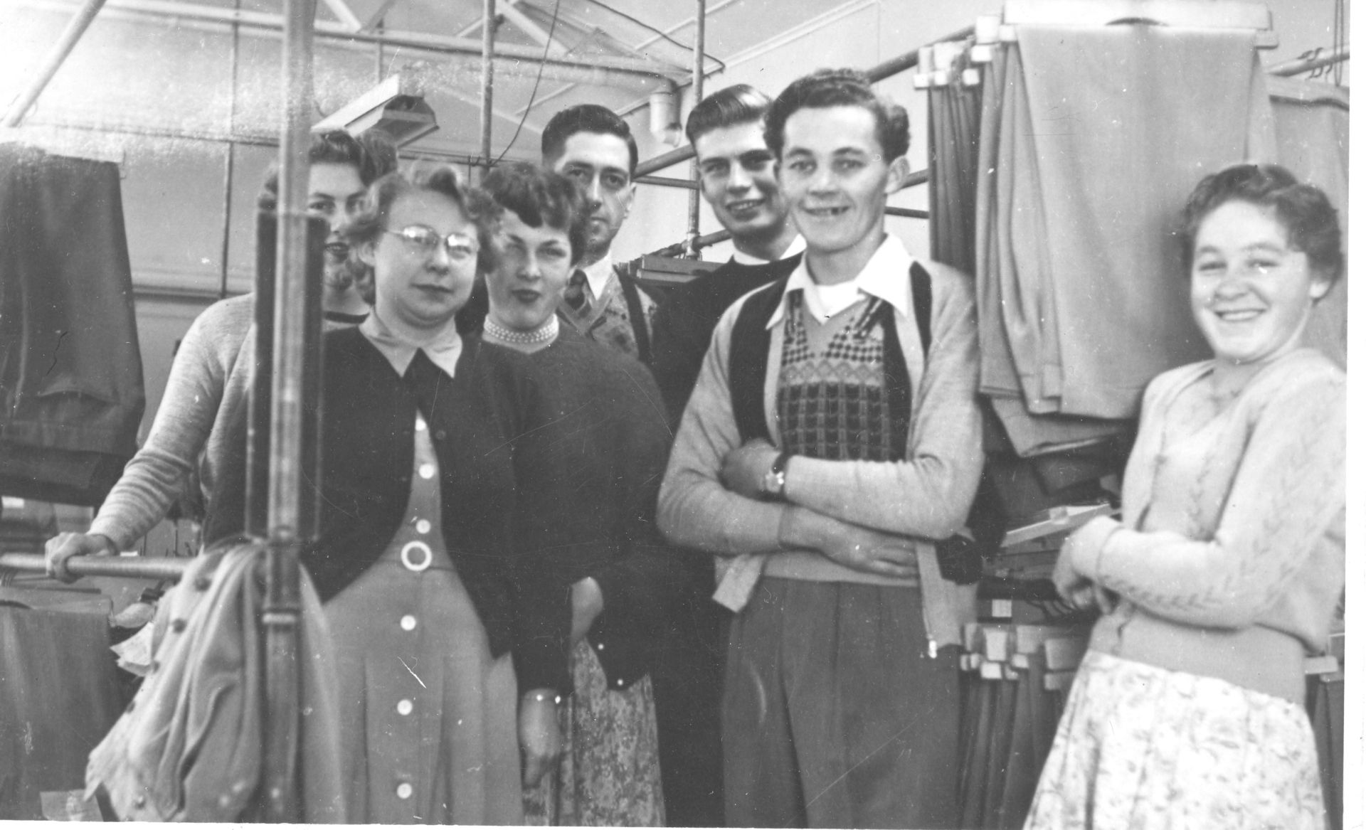 Staff in Dry Cleaning and Aftersales 1953. L-R Edith, Mavis, Cathy, Alec Barber, Geoff, Lawson Ryan and Dulcie Cocking.  Photo Jones Family Collection 