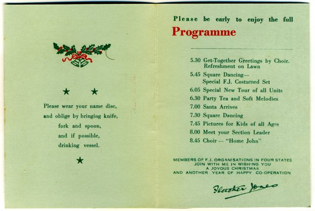 1953 FJ staff Christmas Party Program.  Shared by Clare Trigg (nee Doecke)