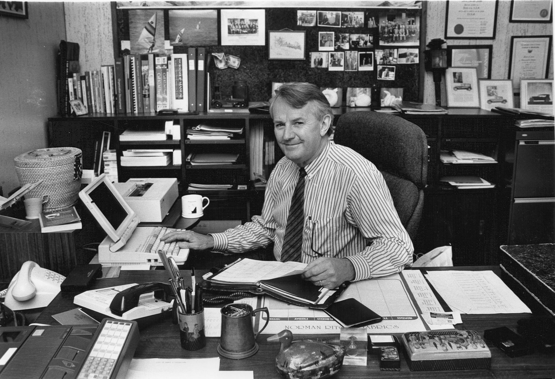 David Jones, Managing Director and son of Fletcher Jones in his office, 1989.  Photo: Jones Family Collection 