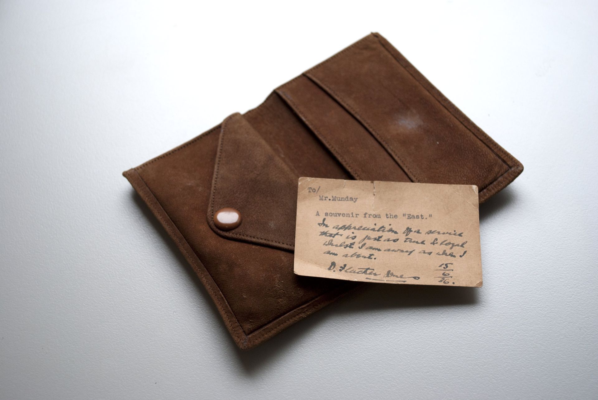 Souvenir Wallet with note from FJ to tailor Lance Munday.  FJ bought the gift back from his trip to Japan to study worker's cooperatives in 1936.  Shared by Lance's granddaughter, Michelle Cust nee Munday