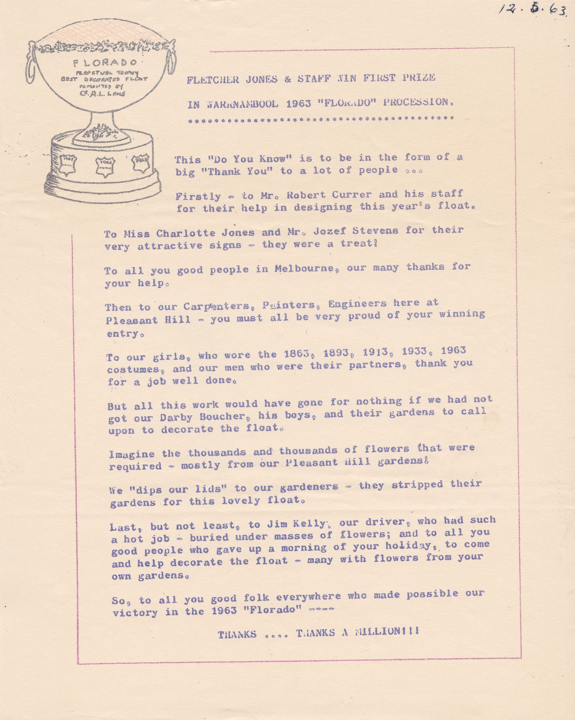 FJ Staff Bulletin detailing the 1963 win.  Shared by the Jones Family