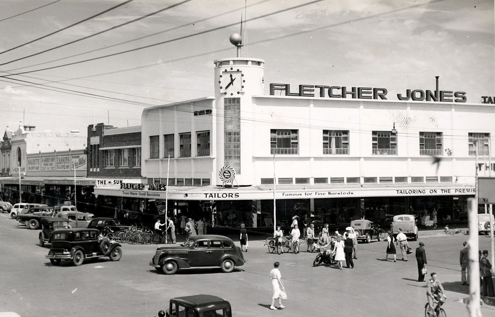 The small sphere and trylon sculpture that now resides in the FJ gardens was firstly on top of the Man's Shop in Liebig St in Warrnambool, where FJ started his tailoring business in 1931.  This photo is dated 1946.   Photo: Jones Family Collection 