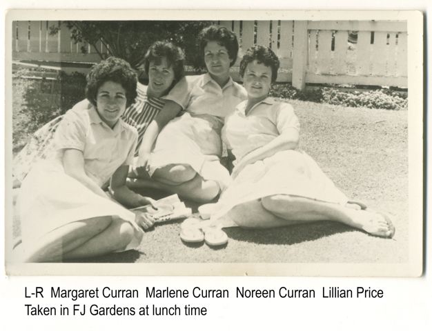The four Curran sisters from Dennington all worked at Fletcher Jones at the same time.  In the photo, three of the sisters, Margaret, Marlene and Noreen are relaxing with their friend Lillian in the FJ gardens one sunny lunchtime.   Betty joined her sisters at the end of 1960 and she said then all the sisters would have been together in the gardens on a sunny day.Photo shared by Noreen (Curran) Stapleton.   