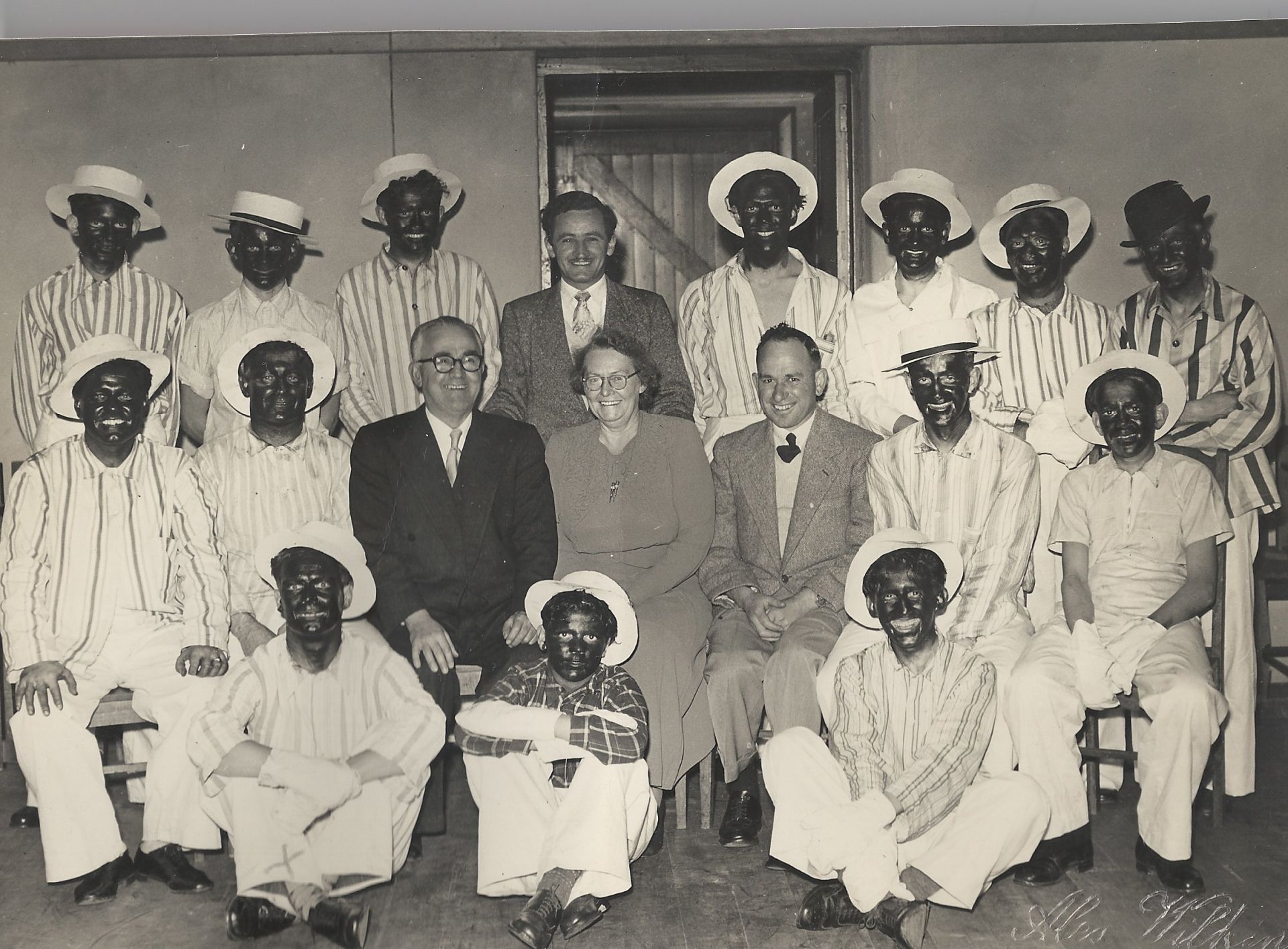 Black Faces - Fletcher and Rena Jones seated middle.  We are unsure what the occasion or reason for the black faces was!  Photo: Alex Wilkins. 