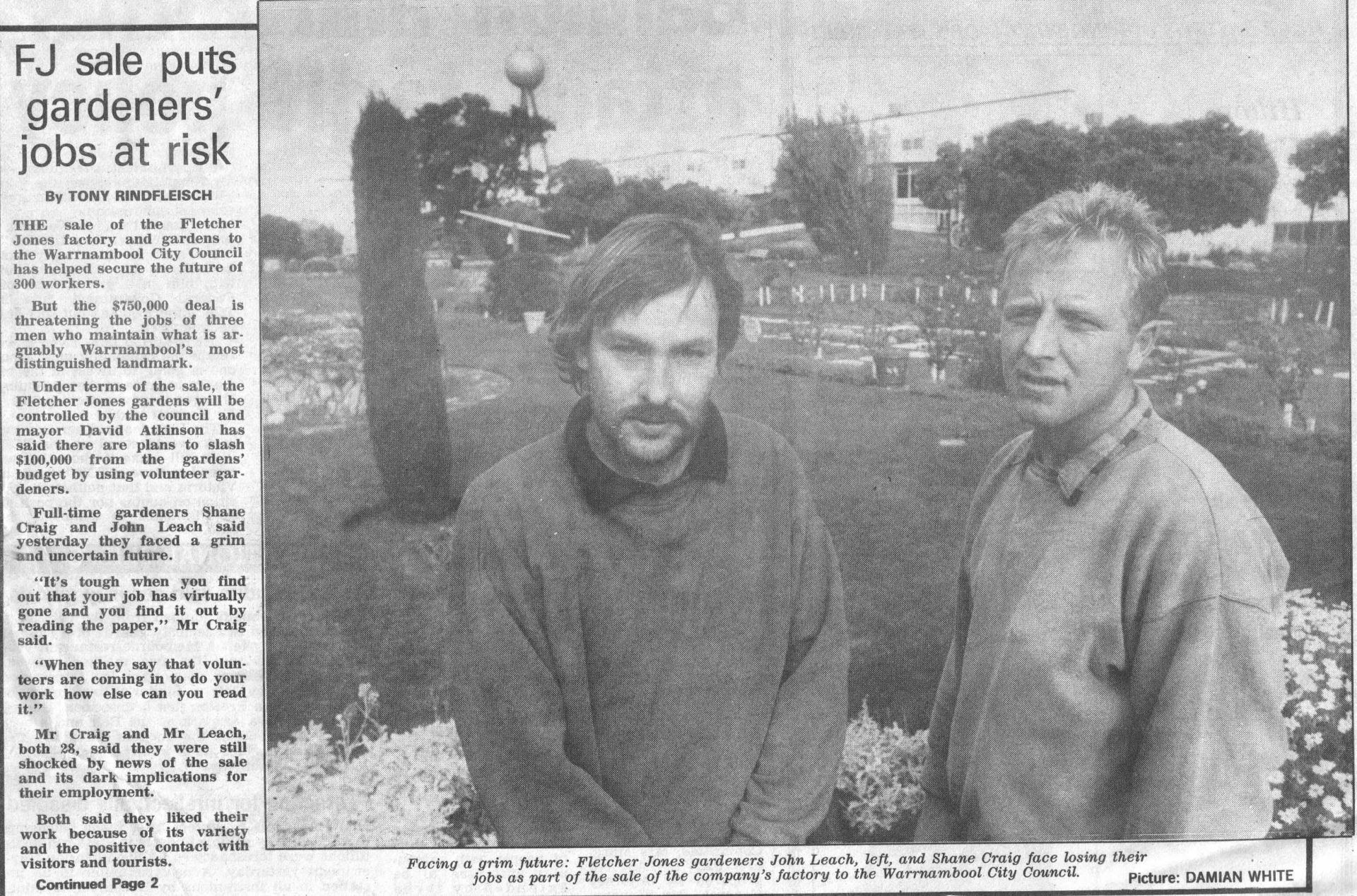 John Leach and Shane Craig face losing their jobs with council proposal to use volunteer gardeners.  Warrnambool Standard April 30, 1992.  Shared by Lawson Ryan