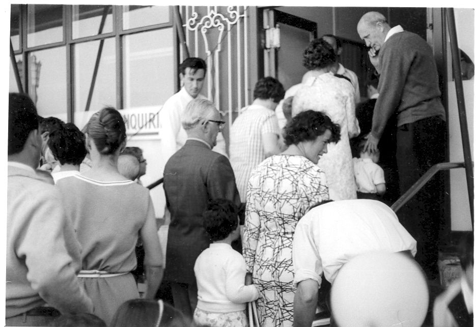 Fletcher Jones waiting in the queue like everyone else at the FJ Christmas party, 1967.  Photo: Jones Family Collection