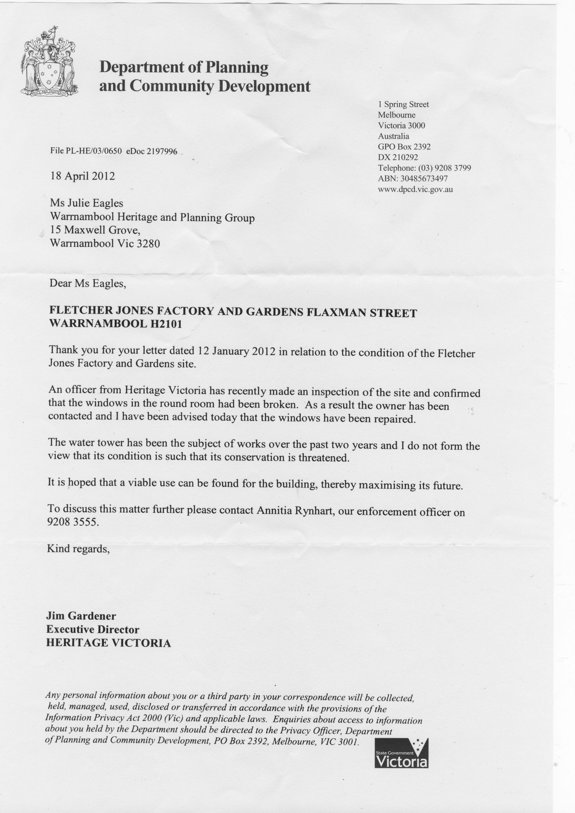 Heritage Victoria's response to one of WP&H letters (the WP&H letter this replies to is below in the document link).  The window referred to was in fact just boarded up and not repaired.  