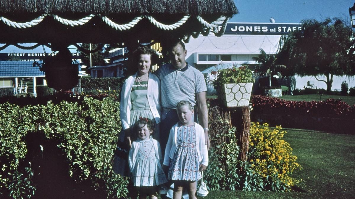 Julie Eagles, FJ Stories Project Coordinator bottom right with her sister Debbie, and parents Margaret and Des in the FJ Gardens in the 1960s.  Photo: Eagles Family Collection. 