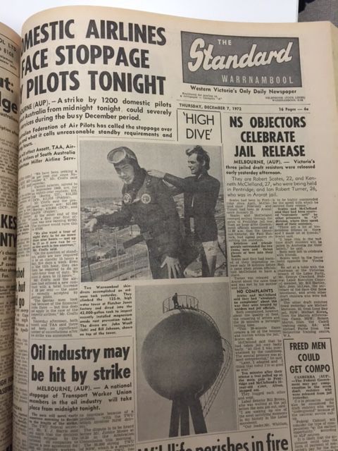 Front page of the Warrnambool Standard December 7, 1972 with the article titled 'High Dive.' Thanks to Rebecca Riddle of the Standard for searching the archives!    