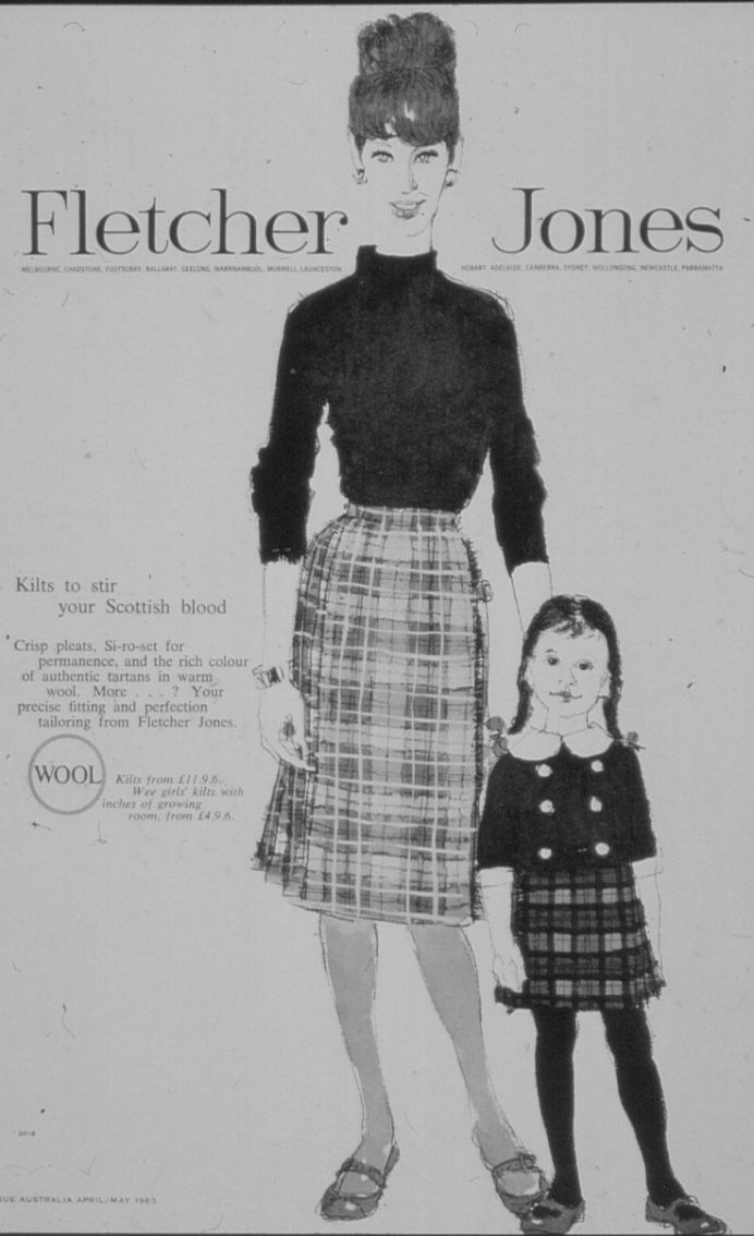 Patrick Russell illustration - Kilt advertisement, 1960"s.  Image: Jones Family Collection 