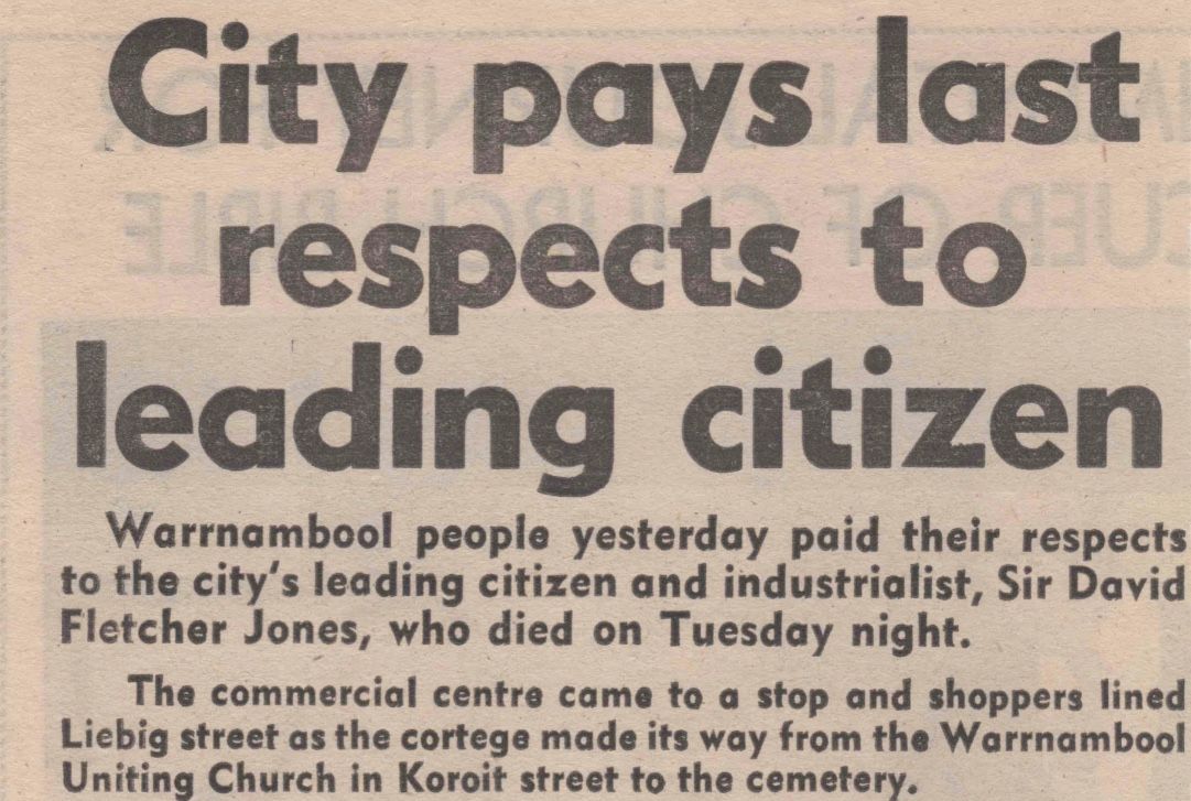 Headline Warrnambool Standard after funeral of Sir Fletcher Jones - shared by Tim Carlton 