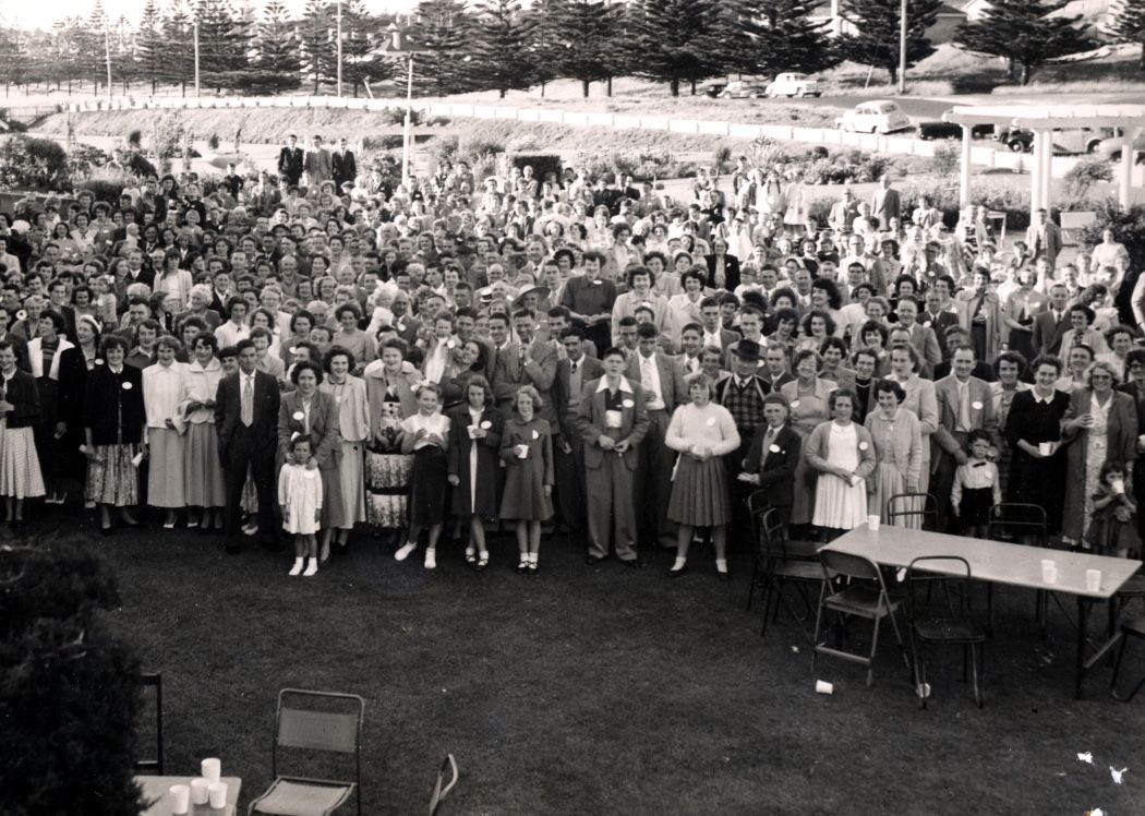 FJ staff Christmas Party in the gardens 1952.  Photo:Jones Family Collection 