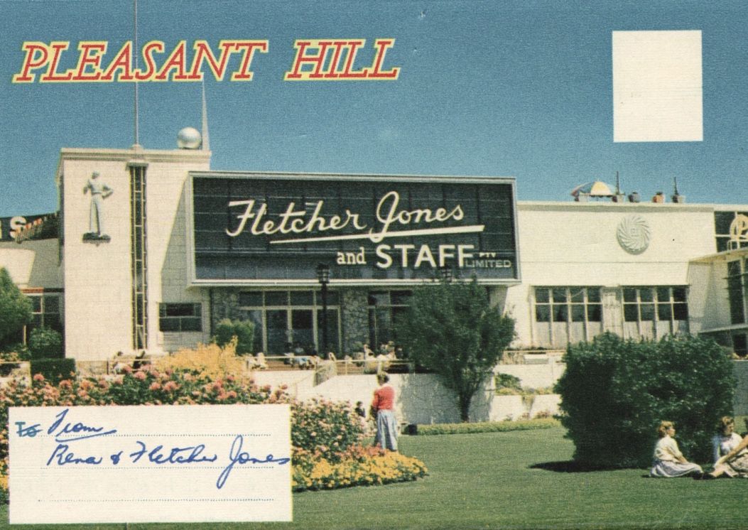 The sphere and trylon can be seen on the roof of the FJ Pleasant Hill building.  Nucolorvue Postcard Album from Rena and Fletcher Jones and shared by Ralph and Joyce Jones. 