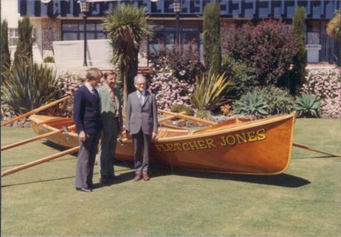 L-R David Jones, Bruce Owen and Neil Symons with the Fletcher Jones surfboat early 1960s. The boat has now been fully restored and is on display at the Warrnambool Surf Club. Photo: shared by David Owen 