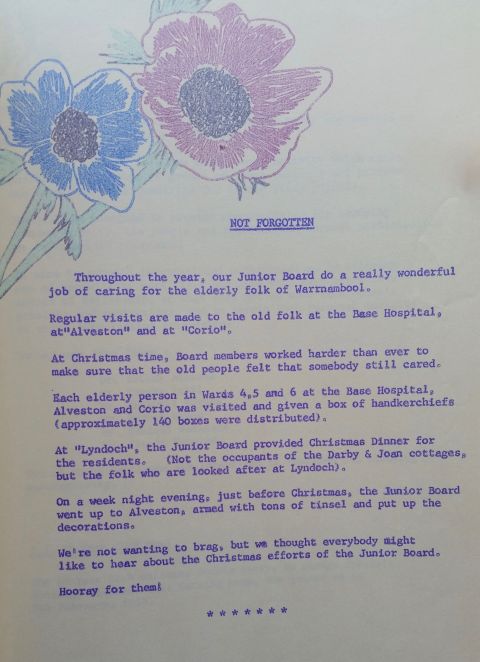 There are many Do You Knows or FJ Daily Staff Bulletins that tell of the service by FJ Staff generally and by FJ Junior Board in particular. This one from 1971 tells of their activities caring for the "elderly folk of Warrnambool."  