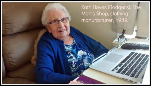 Kath Hayes (Rodgers) worked from the Man's Shop from 1939.  Here she is looking at old FJ photos from the FJ Stories Project on a laptop.  Photo: Carol Altmann 