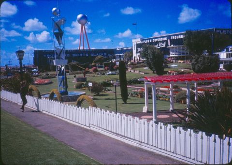 The gardens in the 60's showing a now lost sculpture with the trylon and perisphere inspired by the 1939 New York World Fair within a pond at the front.http://www.fjstories.org.au/new-york-connection for the story.   Photo shared by Karen Raymond from her father's collection.  