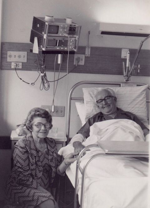 Fletcher Jones with his second wife, Aida, by his side during a hospital stay near the end of FJ's life.  Photo shared by Marg O'Connor