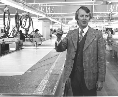 David Jones with the new computer driven cloth cutter in 1975. Photo: Jones Family Collection 