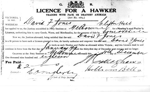 FJ hawker's licence 1918. Photo: Jones Family Collection 