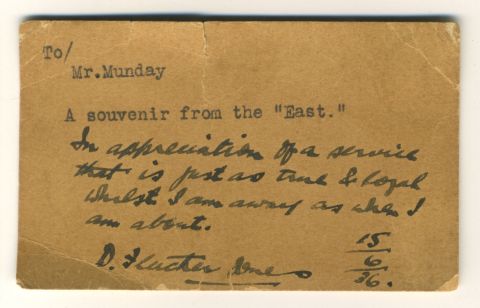 A note from FJ to tailor Lance Munday with the souvenir wallet FJ gave him from his trip to Japan to study worker's cooperatives in 1936.  Shared by Lance's granddaughter, Michelle Cust nee Munday