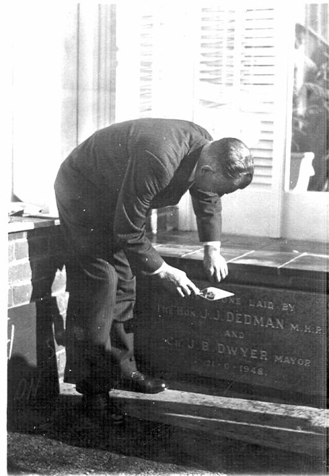 In June 1948, the Pleasant Hill Foundation Stone was laid by Hon. J.J.Dedman, M.H.R.Photo: Jones Family Collection  