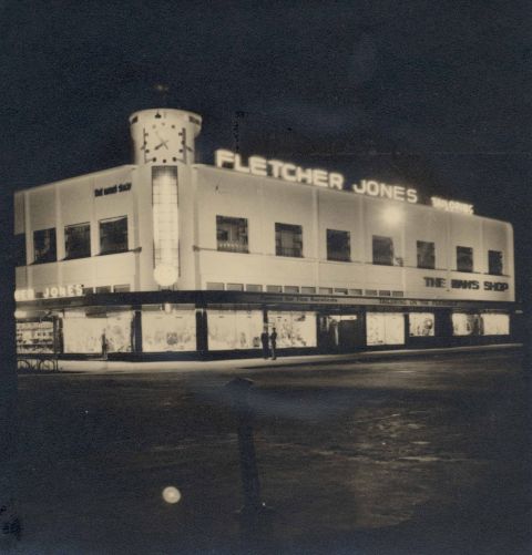 The Man's Shop with post war lights at night.  Photo: Jones Family Collection