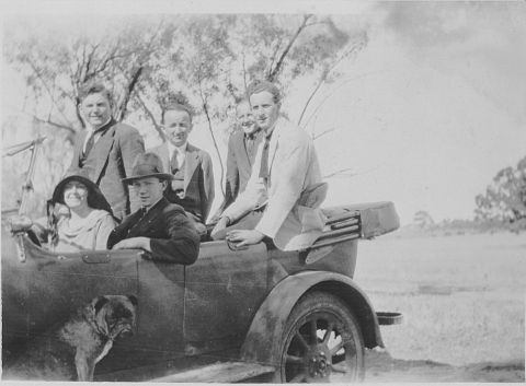 Rena Jones with FJ staff travelling with Digger the dog- not a red retriever so not the dog of this story!  Photo: Jones Family Collection 