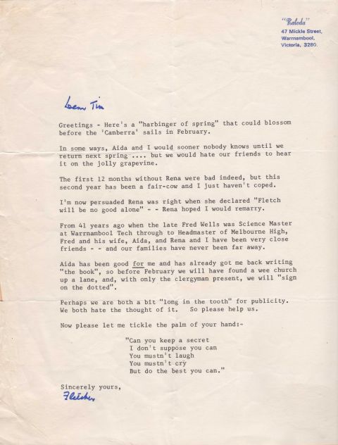 A poignant letter from FJ announcing his intention to marry Aida Wells was sent to senior staff.   Thanks to Tim Carlton.