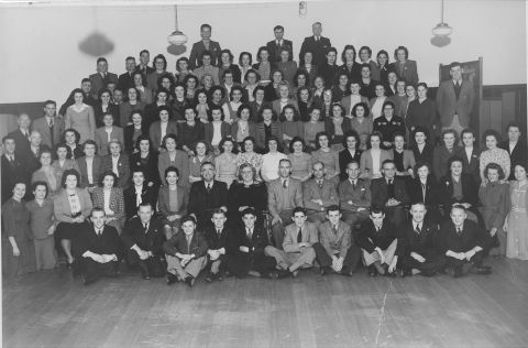 FJ trouser staff 1947 before the move to Pleasant Hill and at the time the author of 'Me and Mr. Jones' joined the staff. Ms Betty Rust is seated 6th from the left in the second row next to Fletcher Jones. Photo: Jones Family Collection 
