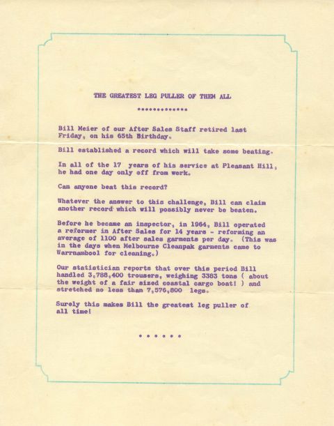 Do You Know - FJ staff bulletin, 1968 telling of William (Bill) Meier's retirement after 17 years with only one day off!  Shared by his grandson, David Thorburn
