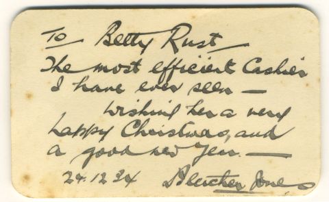 Note from Fletcher Jones to Betty Rust.  Shared by her niece Wilma Williams