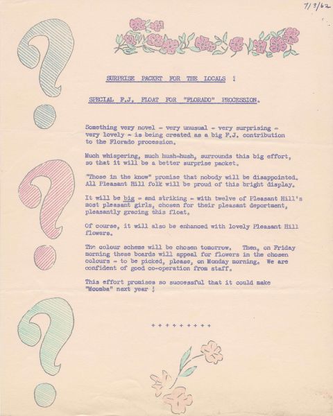FJ Staff Bulletin 1962 - "Surprise Packet for the Locals!"Shared by the Jones Family