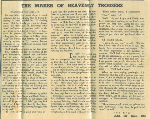 A very interesting read on FJs profit sharing philosophy from a longer article 'The Maker of Heavenly Trousers' written by Dick Merryweather in 1952.  