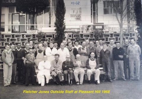 Wally Ferguson, second from left in the back row, with the FJ outdoor staff in 1968.  The factory was self sufficient and had it's own tradesman - plumbers, electricians, carpenters, mechanics.  Photo:Photo shared by Richard Koosje Herlihy