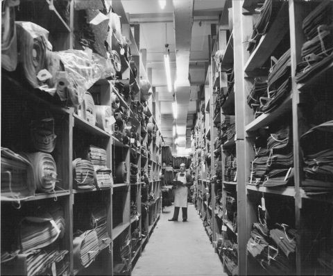 Fabric cellar Pleasant Hill Factory.  The Australian Wool Board award to Fletcher Jones recognised the company as the largest Australian user of fine merino wool. Photo: Jones Family Collection  