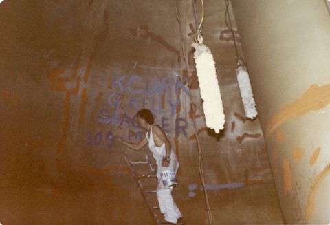 Kevin 'Shagger'Fry putting the finishing touches to graffiti in the ball in 1984! Photo: Gary Kelly 