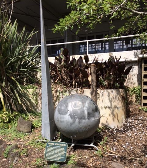 The slightly battered sphere and trylon sculpture in a garden bed in the FJ gardens in 2017.  Photo; Tim Carlton 