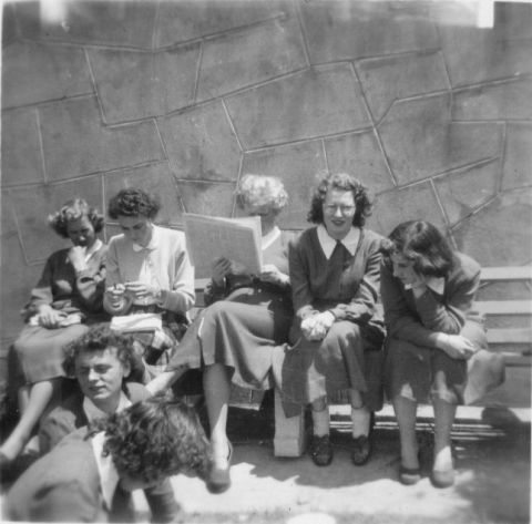 Workers enjoying the gardens at lunchtime.  Back:L-R Minnie Hocking, Jill Cronin, Eilleen Horne, Ruth Millard, Shirley Kelson, Norma Hensley.  Person in front unknown.  Photo: thanks to Ralph and Joyce Jones 
