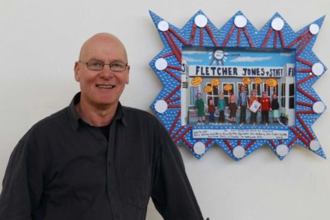 Glenn Morgan and his work depicting the Warrnambool locals who successfully petitioned to save the iconic 'Silver Ball' that sits atop the historic local factory. ABC South West Victoria, Emily Bissland.