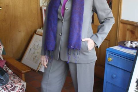 Katerina Rubbo modelling her FJ suit happily just purchased from an opportunity shop.  Photo: Mike Rubbo
