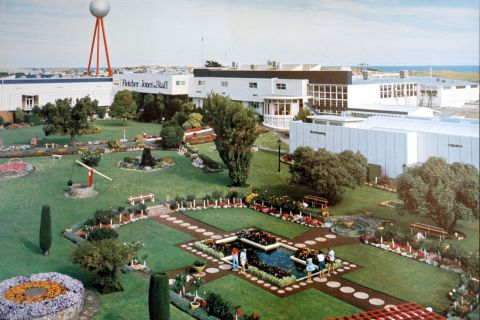The immaculately manicured gardens and Silver Ball of the FJ Factory as they looked when visited by Julia Blum and her family.  Photo: Jones Family Collection