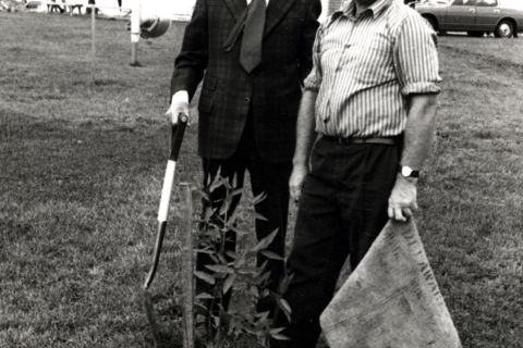 Fletcher Jones and Dick Tongue planting a tree at the Mt Gambier factory, 1972.  Photo: Jones Family Collection 