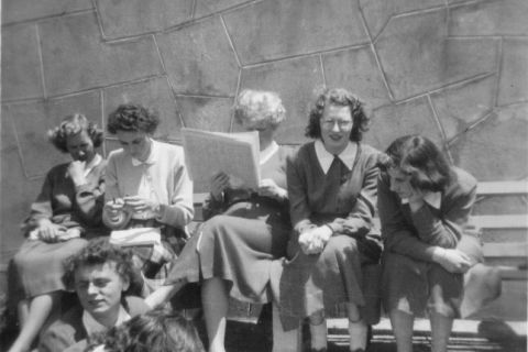 Workers enjoying the gardens at lunchtime.  Back:L-R Minnie Hocking, Jill Cronin, Eilleen Horne, Ruth Millard, Shirley Kelson, Norma Hensley.  Person in front unknown.  Photo: thanks to Ralph and Joyce Jones 