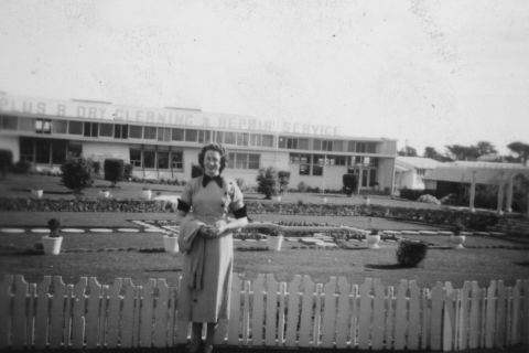 Mum's friend Joan in front of FJs in1954 -photo Margaret Eagles 