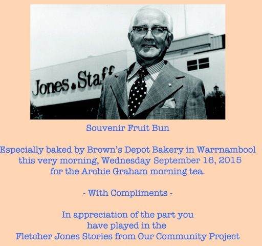 At each of the morning teas, we gave people a fruit bun especially baked from a local bakery in a specially printed bag to echo the Balfours Bun story shared by Tim Carlton. http://www.fjstories.org.au/balfour-buns-and-£1-note 