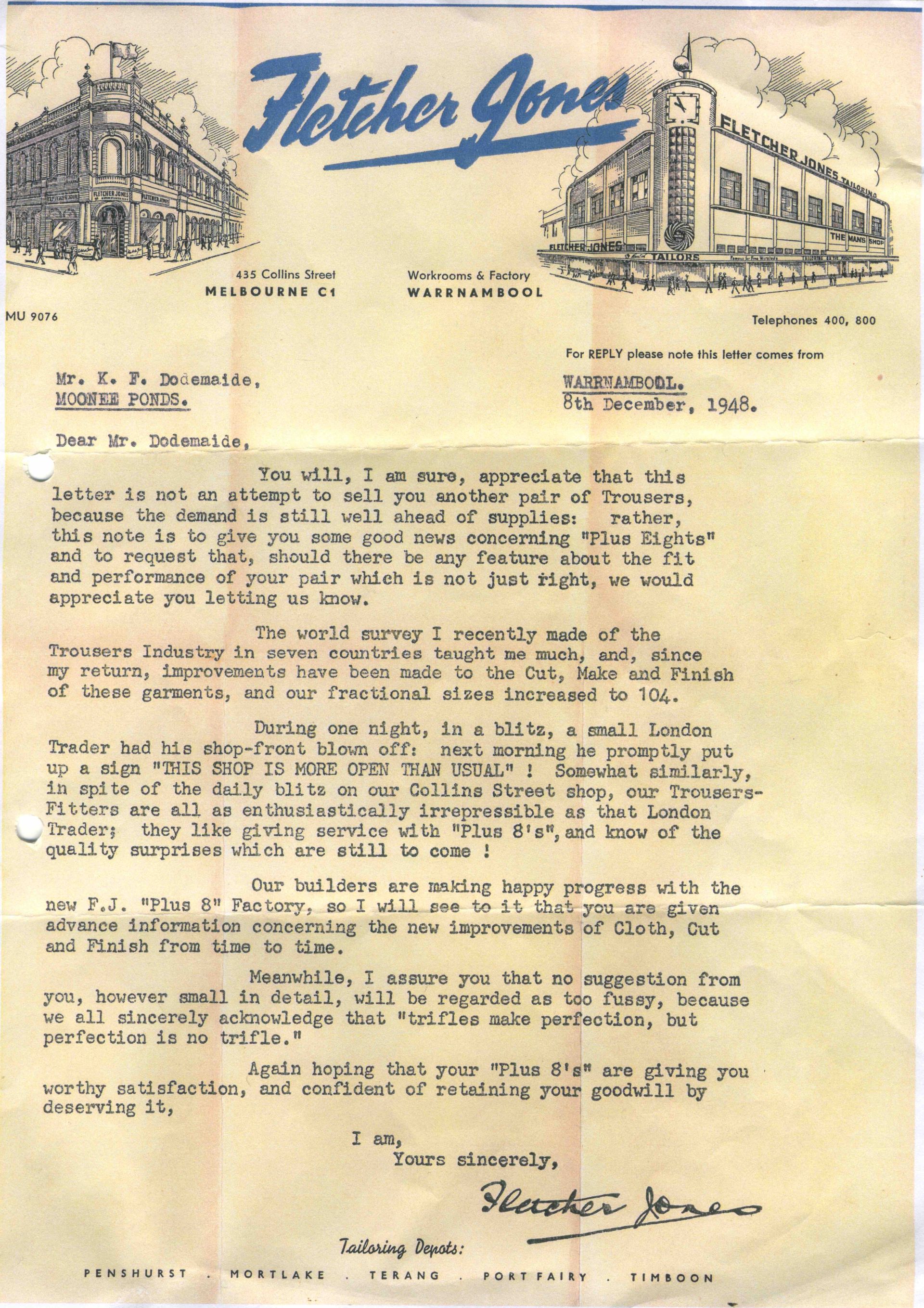 1948 letter sent to customers of Plus 8 trousers inviting their feedback.  Loaned by Lawson Ryan
